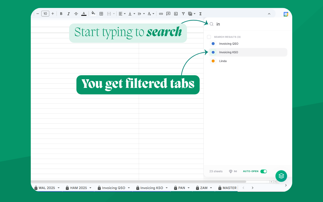 Searching for sheets tabs in the command palette